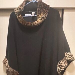 Moda Black Poncho with Leopard Trim